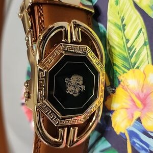 GRIGO Brown Leather Belt Gold & Black Accent Buckle 48 Lion Head